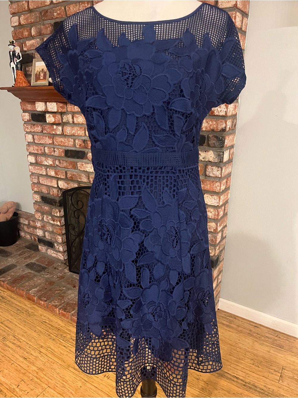 Adrianna Papell Navy Blue Floral Lace Fit-and-Flare Dress
